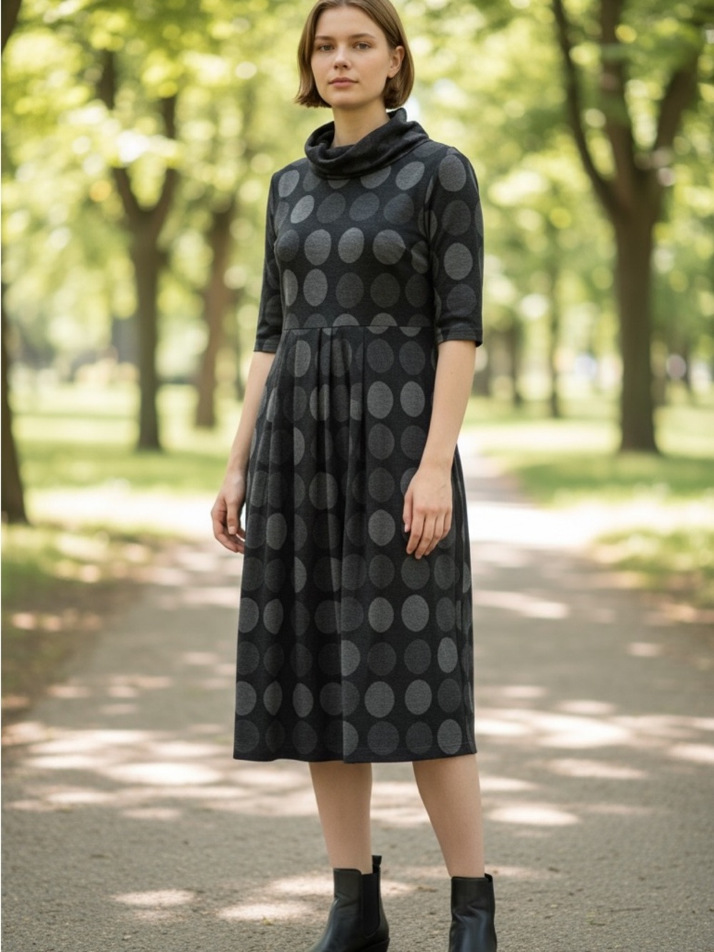 Robbie Bee Charcoal Gray Polka Dot Cowl-Neck Midi Dress